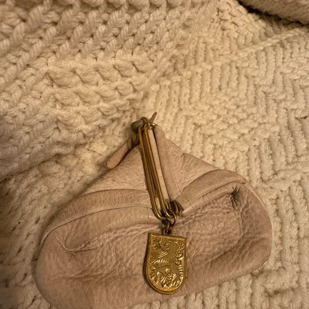 Beige Leather vintage Coin Purse with Gold Charm